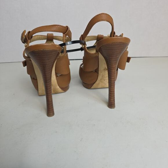 Michael Kors Mackenzie 5" Heels Gold Brown Leather Strap 7 M Big Logo Peep Toe - Picture 9 of 12